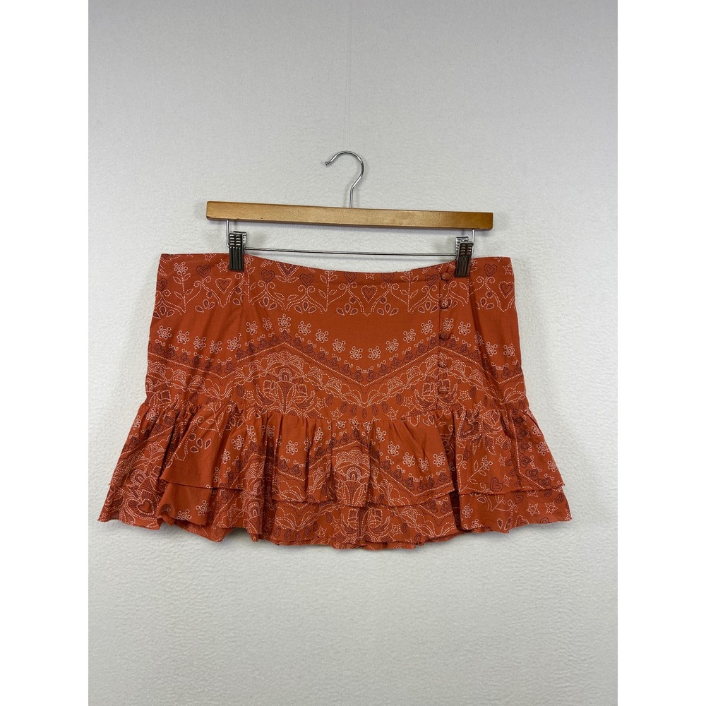 Kimchi Blue Boho Festival Womens Large Rust‎ Orange Bandana Ruffle Mini Skirt